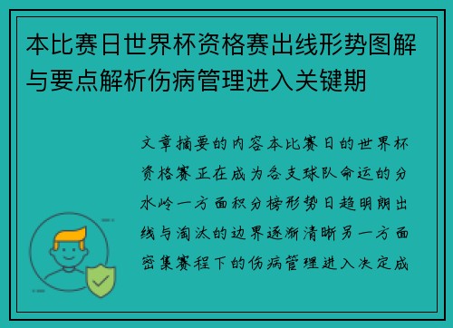 本比赛日世界杯资格赛出线形势图解与要点解析伤病管理进入关键期