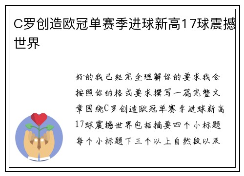 C罗创造欧冠单赛季进球新高17球震撼世界 C罗创造欧冠单赛季进球新高17球震撼世界